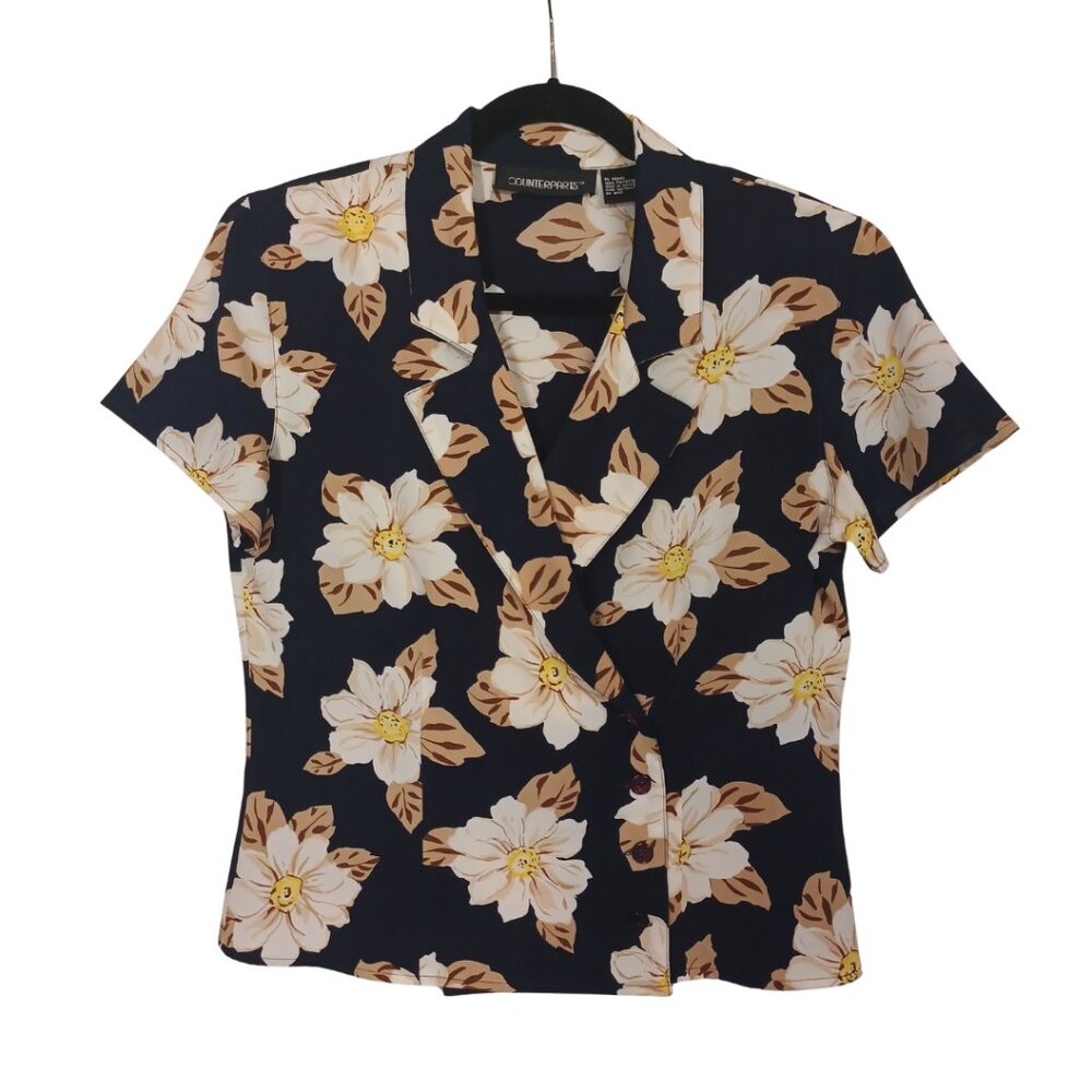 COUNTERPARTS Floral Blouse Navy Blue Tan White Short Sleeve Blouse 8 Medium